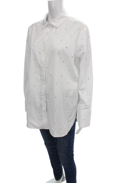 DKNY Jeans Women Tunic Button-Up Long Sleeve Cotton White Rhinestone Size L