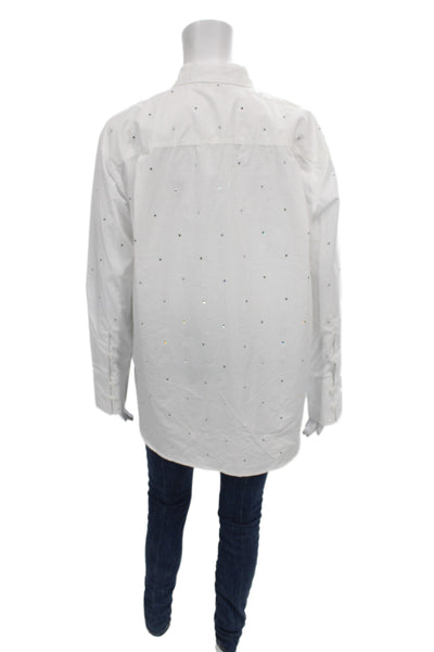 DKNY Jeans Women Tunic Button-Up Long Sleeve Cotton White Rhinestone Size L