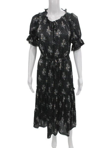 Misa Womens Maxi Dress Black Floral Short Sleeve Tie Viscose Boho Size S
