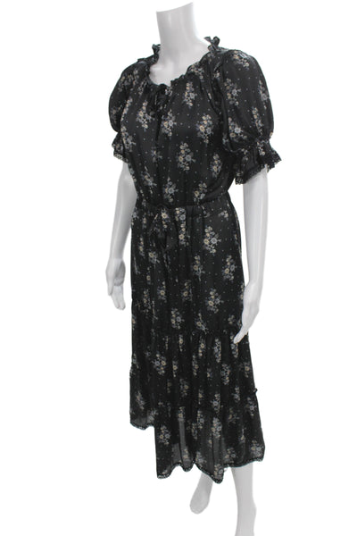 Misa Womens Maxi Dress Black Floral Short Sleeve Tie Viscose Boho Size S
