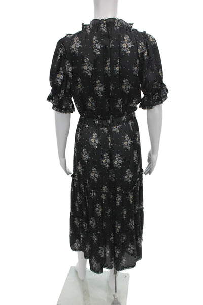 Misa Womens Maxi Dress Black Floral Short Sleeve Tie Viscose Boho Size S