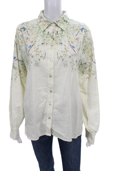 One Fine Day Womens Floral Linen Collared Button Long Sleeve Blouse Size M