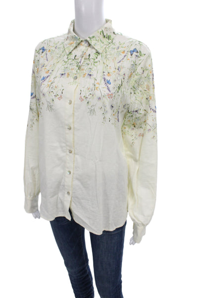 One Fine Day Womens Floral Linen Collared Button Long Sleeve Blouse Size M