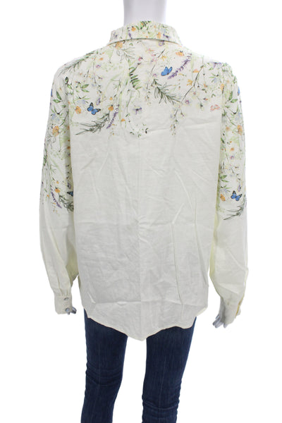 One Fine Day Womens Floral Linen Collared Button Long Sleeve Blouse Size M