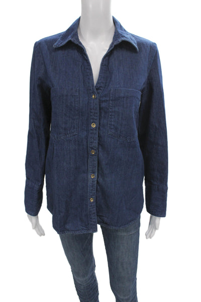 Zara Women Basic Button-Up Blue Cotton Collared Long Sleeve Top Size XS