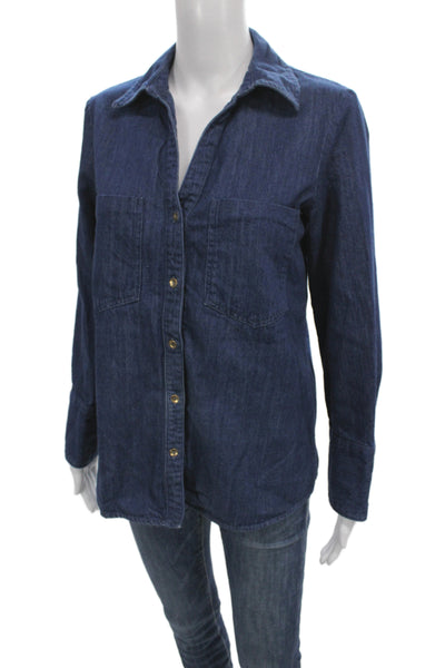 Zara Women Basic Button-Up Blue Cotton Collared Long Sleeve Top Size XS