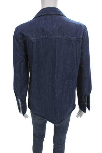 Zara Women Basic Button-Up Blue Cotton Collared Long Sleeve Top Size XS