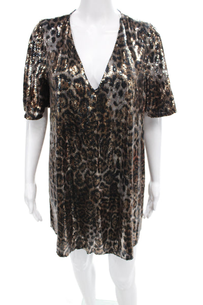 Zara Women Black Animal Print V-Neck Shift Dress Short Sleeve Size XS