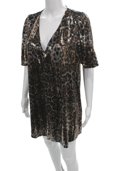 Zara Women Black Animal Print V-Neck Shift Dress Short Sleeve Size XS