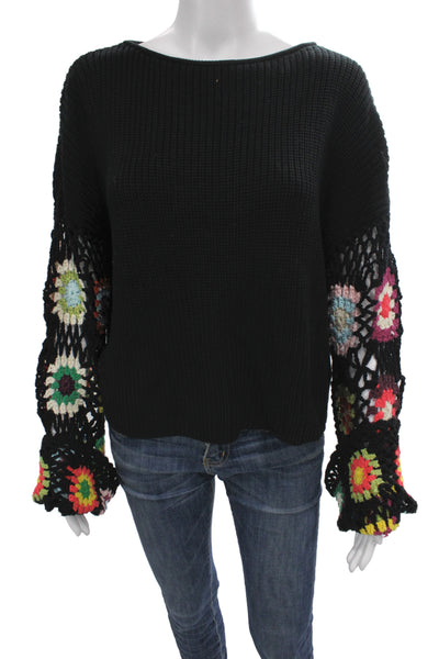 Vici Womens Black Floral Boat Neck Pullover Sweater Long Sleeve Size M
