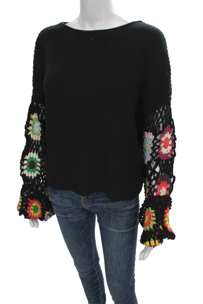 Vici Womens Black Floral Boat Neck Pullover Sweater Long Sleeve Size M