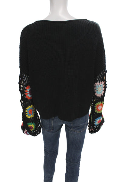 Vici Womens Black Floral Boat Neck Pullover Sweater Long Sleeve Size M