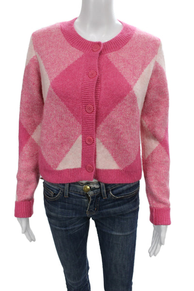 Zara Womens Cardigan Argyle Pink Long Sleeve Preppy Size M