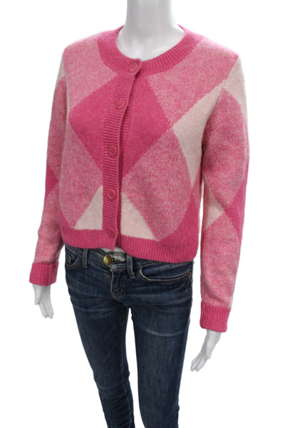 Zara Womens Cardigan Argyle Pink Long Sleeve Preppy Size M