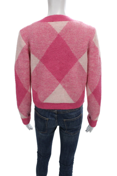 Zara Womens Cardigan Argyle Pink Long Sleeve Preppy Size M