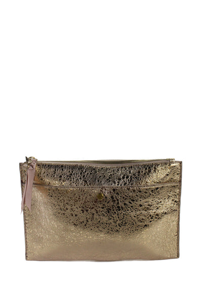 J Crew Womens Zip Top Metallic Leather Pouch Clutch Handbag Gold Tone