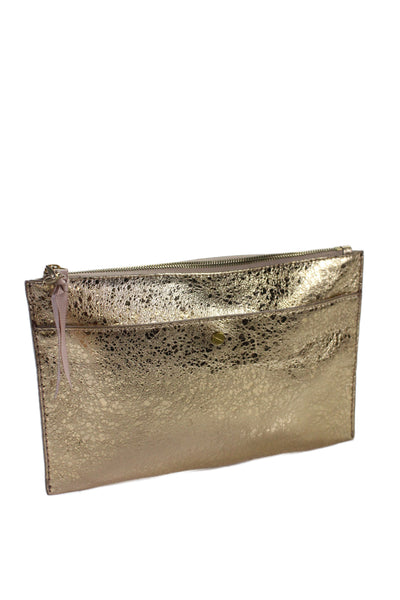 J Crew Womens Zip Top Metallic Leather Pouch Clutch Handbag Gold Tone