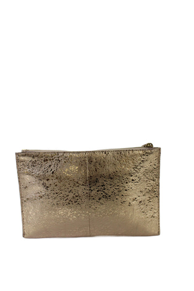 J Crew Womens Zip Top Metallic Leather Pouch Clutch Handbag Gold Tone