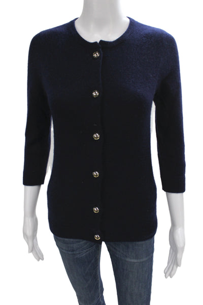 Cortland Park Women Cardigan 100% Cashmere Blue Crew Neck 3/4 Sleeve Size XS