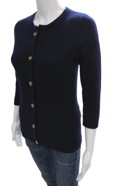 Cortland Park Women Cardigan 100% Cashmere Blue Crew Neck 3/4 Sleeve Size XS