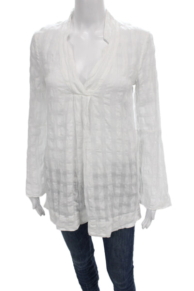 Calypso Saint Barth Women White Checked V-Neck Linen Tunic Long Sleeve Size XS