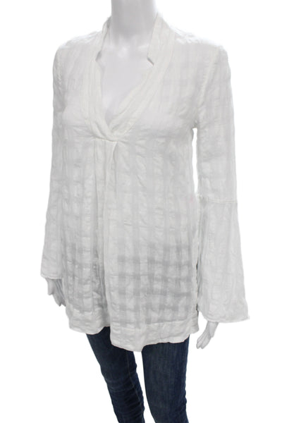 Calypso Saint Barth Women White Checked V-Neck Linen Tunic Long Sleeve Size XS