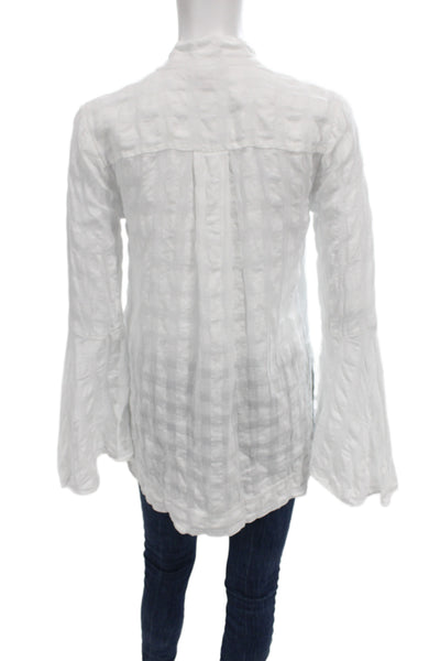 Calypso Saint Barth Women White Checked V-Neck Linen Tunic Long Sleeve Size XS