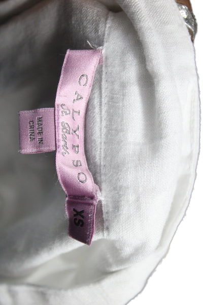 Calypso Saint Barth Women White Checked V-Neck Linen Tunic Long Sleeve Size XS
