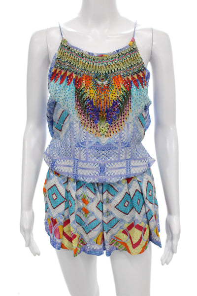 Camilla Womens Silk Geometric Bohemian Romper Tie Scoop Neck Sleeveless Size 1