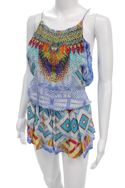 Camilla Womens Silk Geometric Bohemian Romper Tie Scoop Neck Sleeveless Size 1