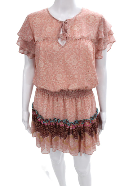 Misa Women Blouson Floral Knee Length Dress Pink Short Sleeve Size M