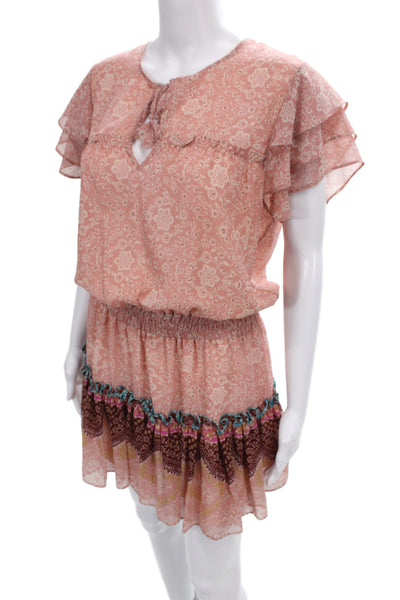 Misa Women Blouson Floral Knee Length Dress Pink Short Sleeve Size M