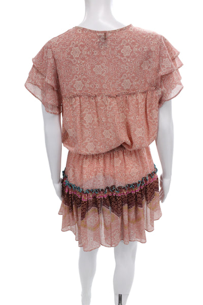 Misa Women Blouson Floral Knee Length Dress Pink Short Sleeve Size M