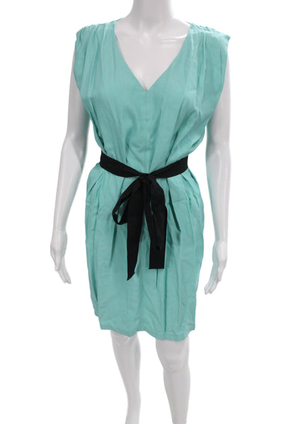 Zara Basic Womens Shift Dress Green V-Neck Sleeveless Tie Knee Length Size S
