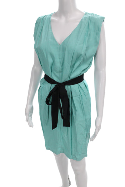 Zara Basic Womens Shift Dress Green V-Neck Sleeveless Tie Knee Length Size S