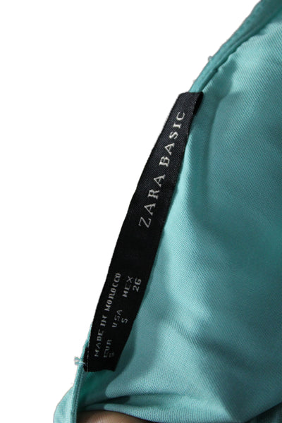 Zara Basic Womens Shift Dress Green V-Neck Sleeveless Tie Knee Length Size S