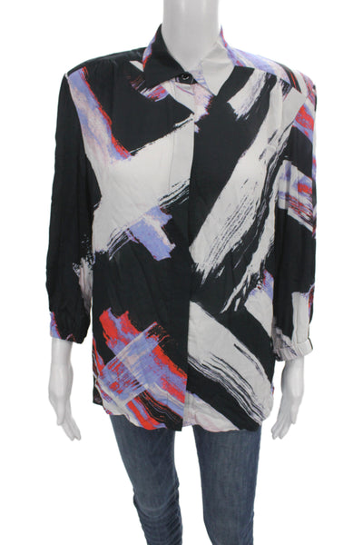 IRO Womens Tunic Black Collared Geometric 3/4 Sleeve Button Viscose Size 36