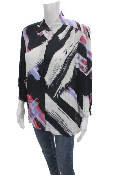 IRO Womens Tunic Black Collared Geometric 3/4 Sleeve Button Viscose Size 36
