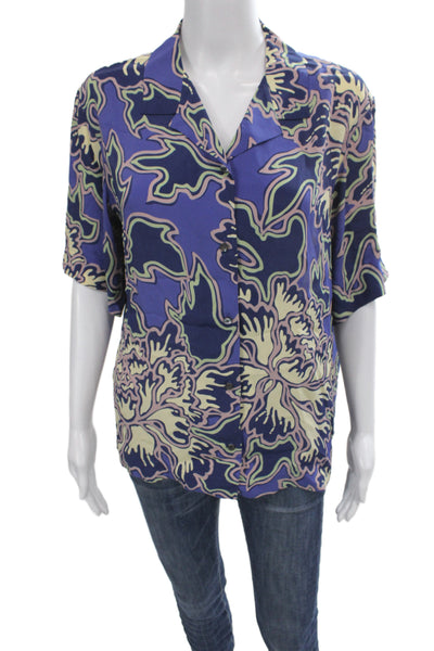 Closed Womens Kimono Blouse Blue Floral Collared Short Sleeve Button Size XS