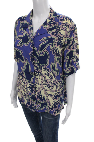 Closed Womens Kimono Blouse Blue Floral Collared Short Sleeve Button Size XS