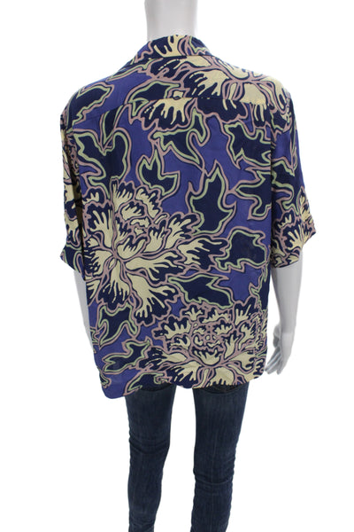 Closed Womens Kimono Blouse Blue Floral Collared Short Sleeve Button Size XS