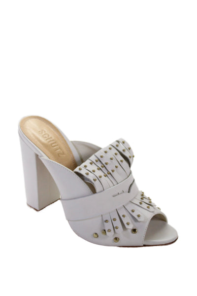 Schutz Womens Leather Open Toe Studded Janny Mule Heels White Size 8.5 B
