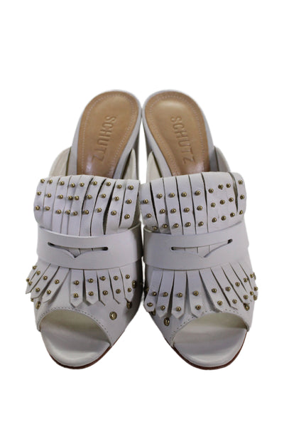 Schutz Womens Leather Open Toe Studded Janny Mule Heels White Size 8.5 B