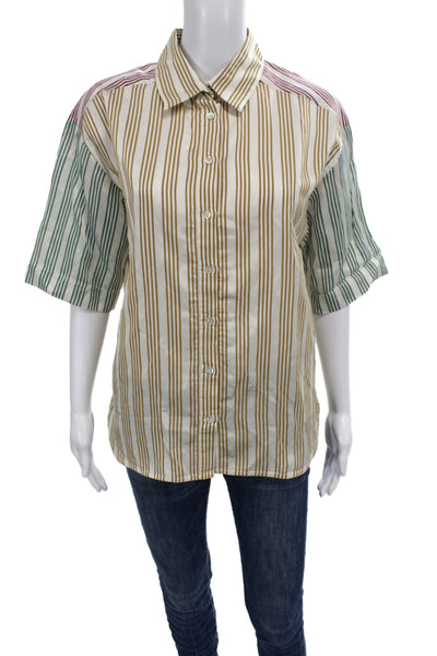 Sandro Women Striped Collared Button Up Blouse Beige Short Sleeve Size 1