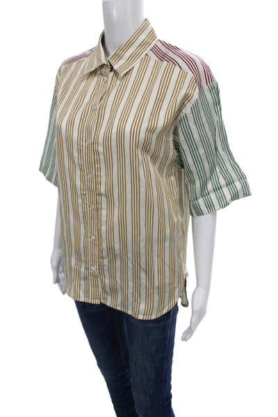 Sandro Women Striped Collared Button Up Blouse Beige Short Sleeve Size 1