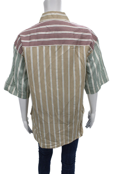 Sandro Women Striped Collared Button Up Blouse Beige Short Sleeve Size 1