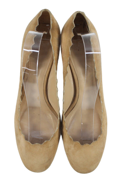 Chloe Womens Lauren Suede Scalloped Block-Heel Pumps Beige Size 9.5