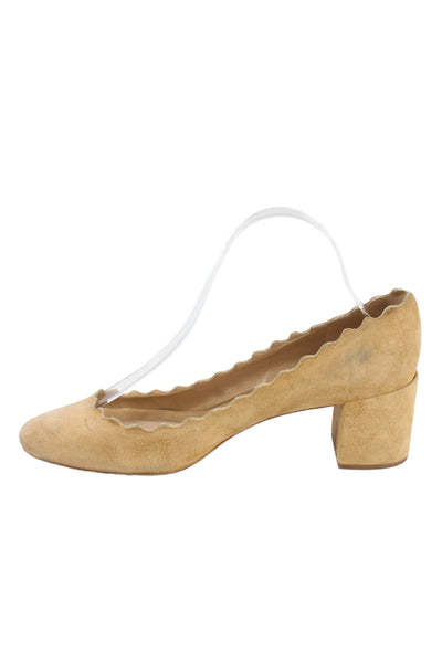 Chloe Womens Lauren Suede Scalloped Block-Heel Pumps Beige Size 9.5