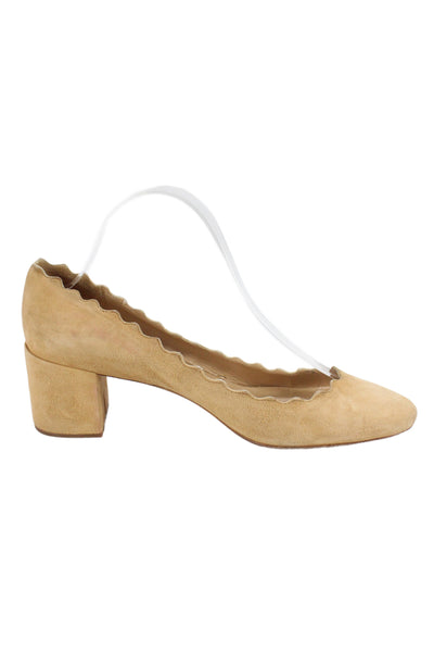 Chloe Womens Lauren Suede Scalloped Block-Heel Pumps Beige Size 9.5