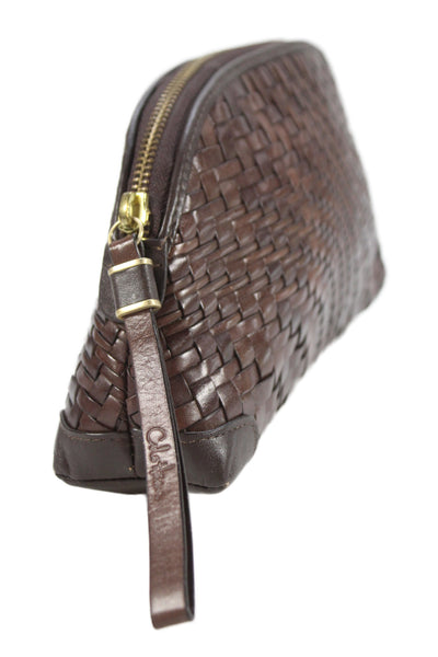 Cole Haan Womens Leather Woven Zippered Clutch Handbag Brown